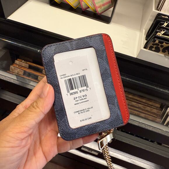 Coach Zip Card Case In Signature Canvas CW883 Denim/Bold Red - Picture 3 of 9